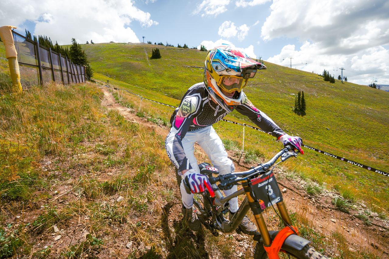 Fred racing a grassy alpine section at Grand Targhee