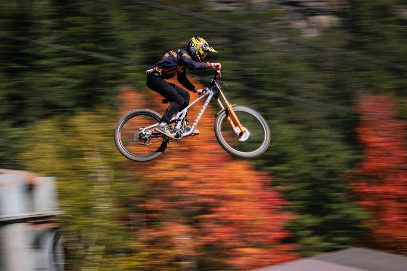 Panning shot of Fred in the air with autumn colors blurred behind