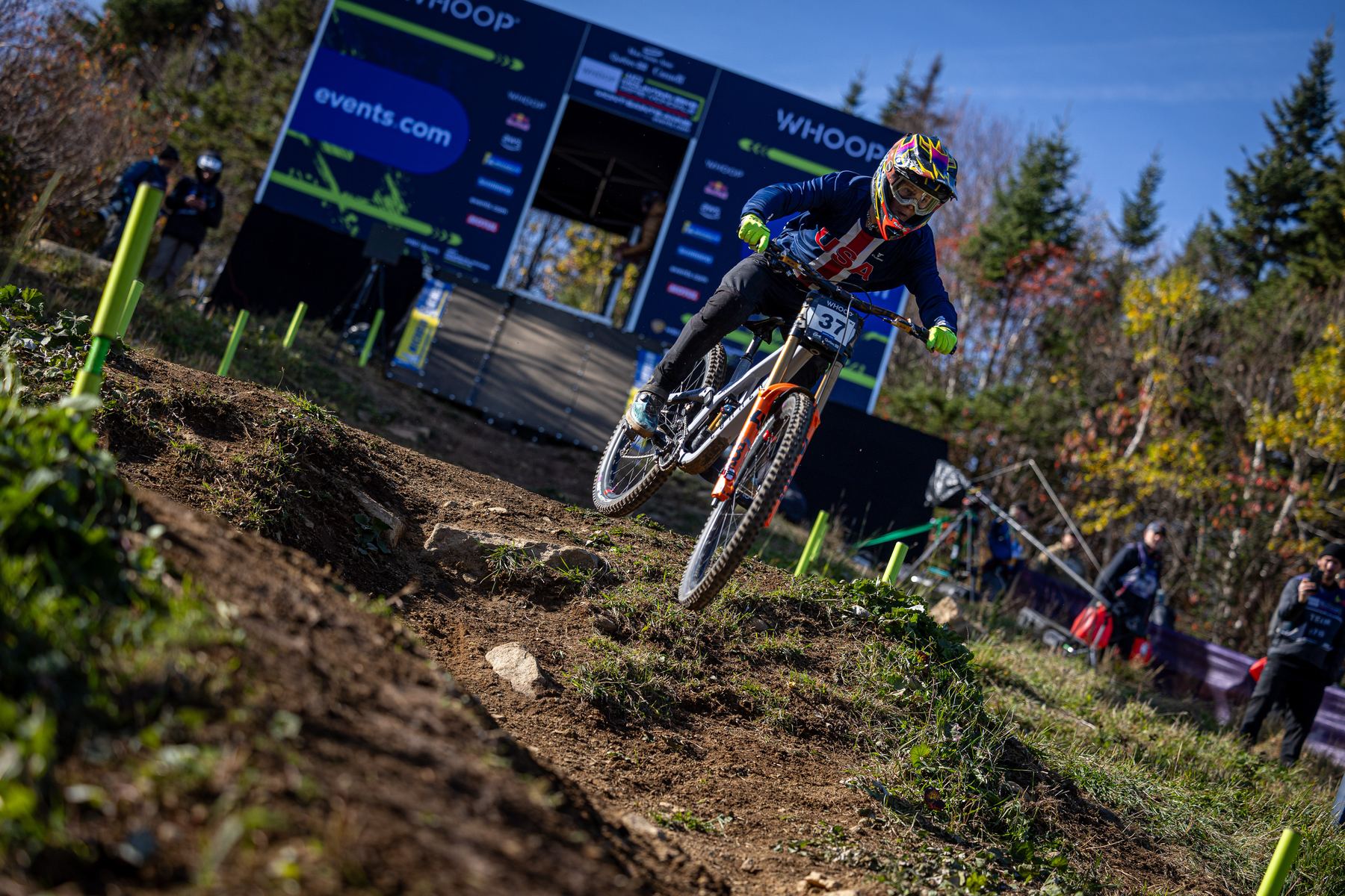 Fred in Team USA kit racing out of the start at the Mont-Sainte-Anne World Cup, bib 37